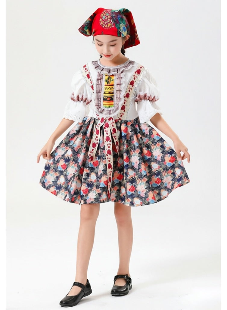 liannaner Kids Traditional Folk Costume Dress, Girls Floral Print Ethnic Outfit with Headscarf, European Peasant Style Dress for Halloween & Cultural Events - Image 5