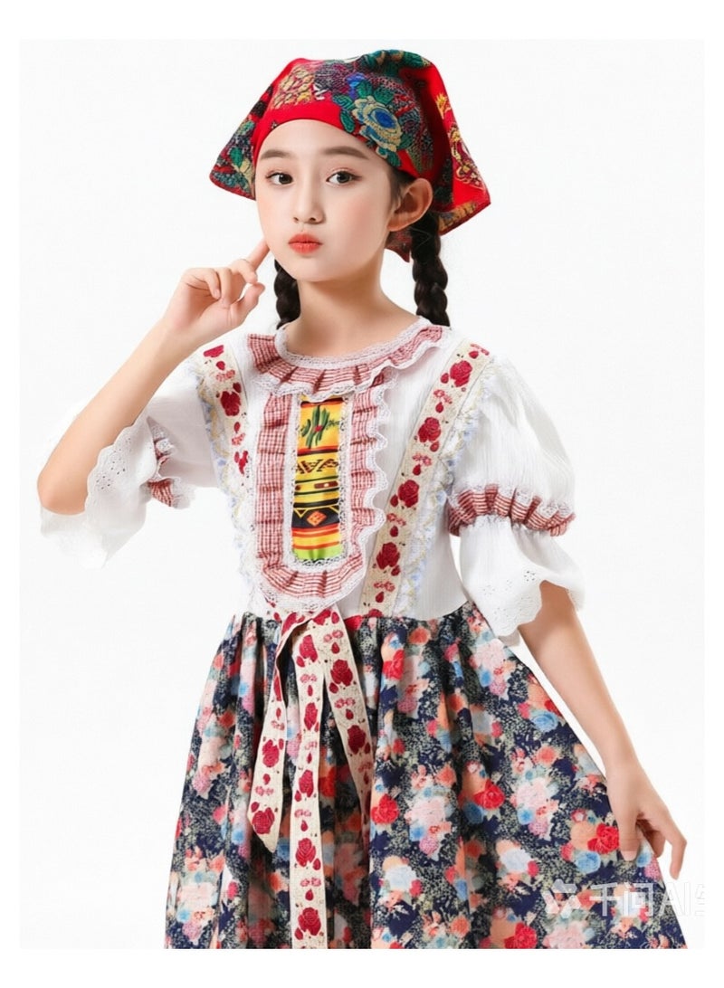 liannaner Kids Traditional Folk Costume Dress, Girls Floral Print Ethnic Outfit with Headscarf, European Peasant Style Dress for Halloween & Cultural Events - Image 4