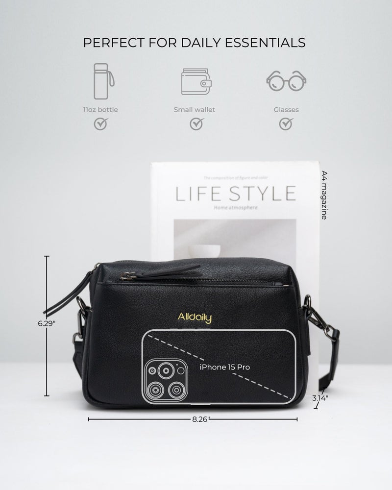 Alldaily Small Triple Zip Crossbody Purse for Women, Vegan Leather Phone Bag with Wide Shoulder Strap (Black) - Image 5