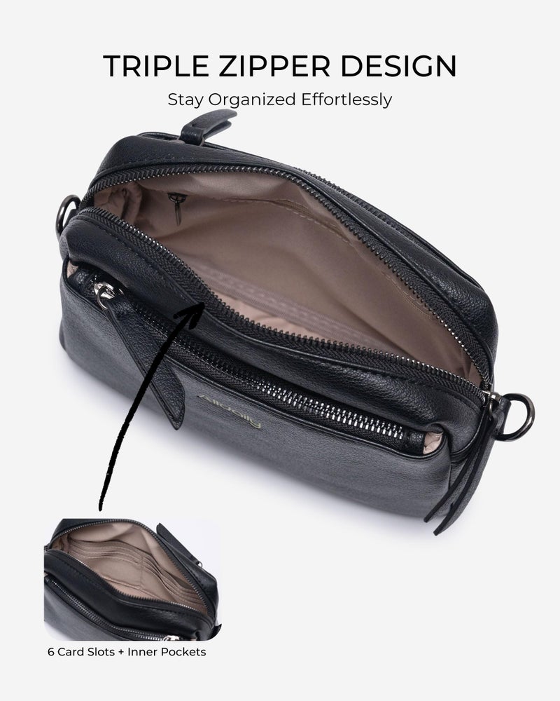 Alldaily Small Triple Zip Crossbody Purse for Women, Vegan Leather Phone Bag with Wide Shoulder Strap (Black) - Image 3