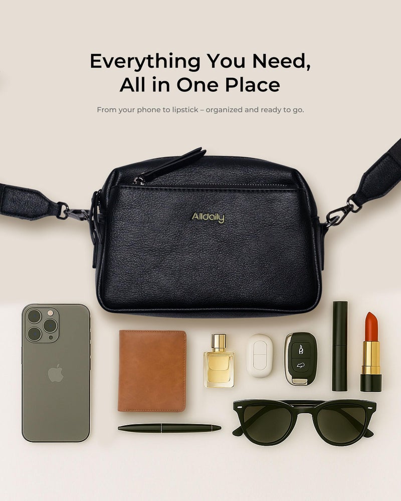 Alldaily Small Triple Zip Crossbody Purse for Women, Vegan Leather Phone Bag with Wide Shoulder Strap (Black) - Image 4