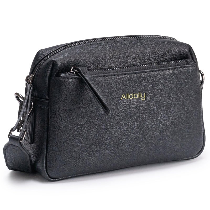 Alldaily Small Triple Zip Crossbody Purse for Women, Vegan Leather Phone Bag with Wide Shoulder Strap (Black) - Image 1