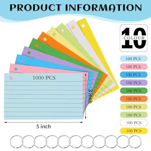 Lovppy 1000 PCS Index Cards 3x5 Inches Colored Flash Cards with Ring, Punched Lined Flashcards Ruled Index Cards Notecards Study Cards Heavy Note Cards for Studying, Learning, School, College, Memory - Image 2