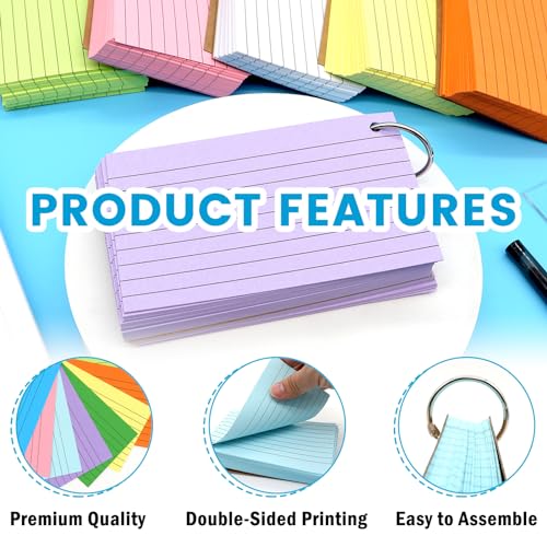 Lovppy 1000 PCS Index Cards 3x5 Inches Colored Flash Cards with Ring, Punched Lined Flashcards Ruled Index Cards Notecards Study Cards Heavy Note Cards for Studying, Learning, School, College, Memory - Image 3