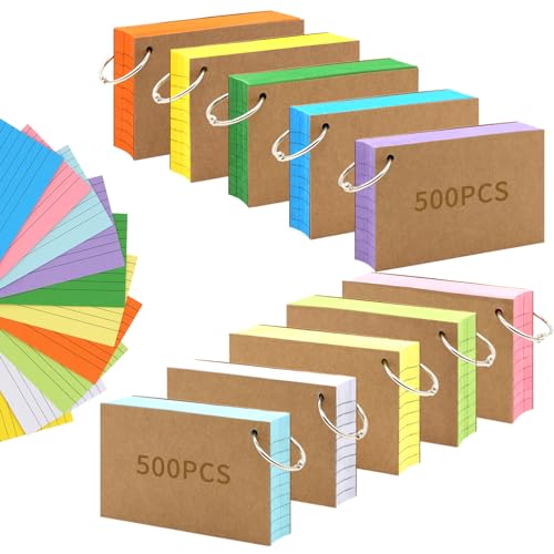 Lovppy 1000 PCS Index Cards 3x5 Inches Colored Flash Cards with Ring, Punched Lined Flashcards Ruled Index Cards Notecards Study Cards Heavy Note Cards for Studying, Learning, School, College, Memory - Image 1