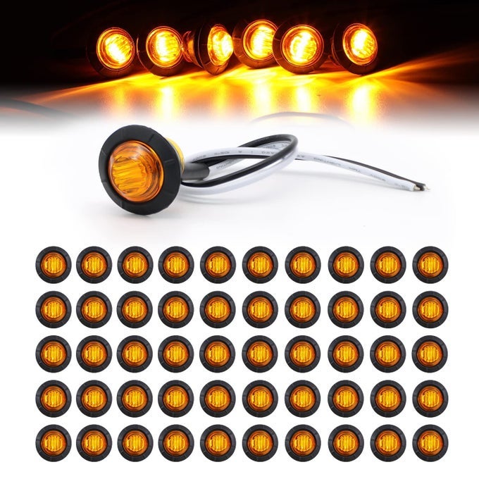 50 Pcs 34 Inch Mount Amber 3 Led Mini Round Trailer Side Marker Indicator Lights Clearance Button Signal Lamps Universal For Trucks Lorry Boat Pickup Bus Caravan Rv Waterproof Sealed Bulbs 12V Dc