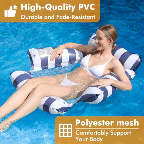 ROUSKY Inflatable Pool Float Chair Lounge for Adults and Kids Floating,Stripe Pattern Float Hammock for Pool Party Summer Water Fun (Dark Blue) - Image 2
