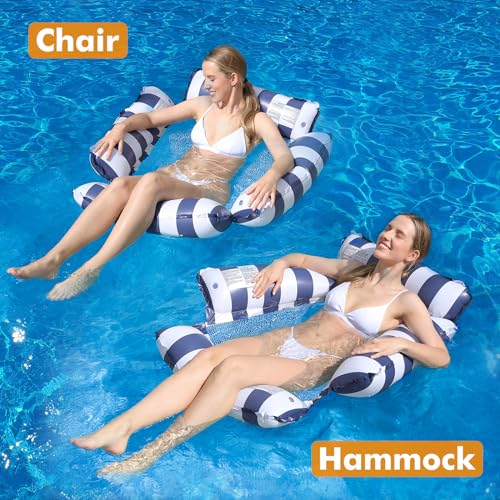 ROUSKY Inflatable Pool Float Chair Lounge for Adults and Kids Floating,Stripe Pattern Float Hammock for Pool Party Summer Water Fun (Dark Blue) - Image 3