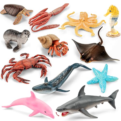 THINKBAY 12PCS Ocean Sea Animal Toys for KidsRealistic Soft Plastic SharkWhaleDolphinHermit CrabOctopusStarfishSea TurtleParty Favors Birthday Gifts Cake Toppers for Boys Girls - Image 1