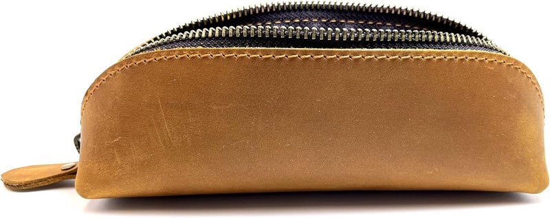 Craoopii Leather Pencil Case Pencil Bag Pouch With Zipper Pen Holders Handmade Genuine Leather For Men Women Students Businessmen And Artists Home Work Office., Brownish yellow, Pencil Case - Image 2