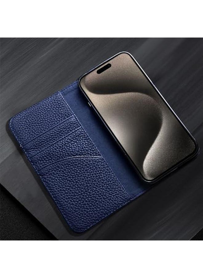 erorex - Iphone 15 Pro Max Wallet Case Genuine Leather Antimagnetic Card Holder Flip Cover Shockproof Iphone 15 Pro Max Cases Royal Blue - Image 1