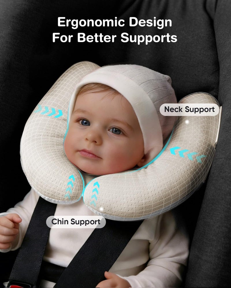 Sweetwavet Baby Neck Pillow for Car Seat and Stroller, Adjustable Baby Head Support Pillow for Travel, Soft and Cushiony Torticollis Pillows for Infant and Newborn (Beige) - Image 2