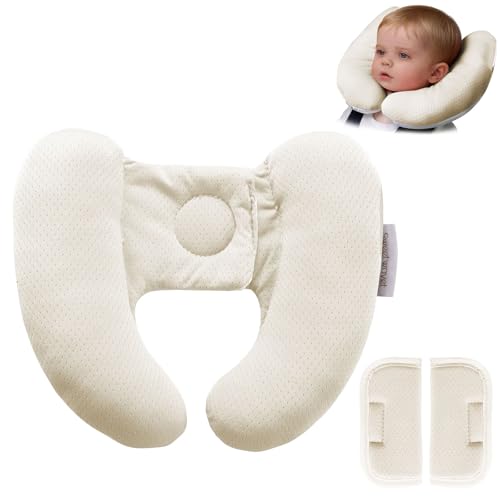 Sweetwavet Baby Neck Pillow for Car Seat and Stroller, Adjustable Baby Head Support Pillow for Travel, Soft and Cushiony Torticollis Pillows for Infant and Newborn (Beige) - Image 1