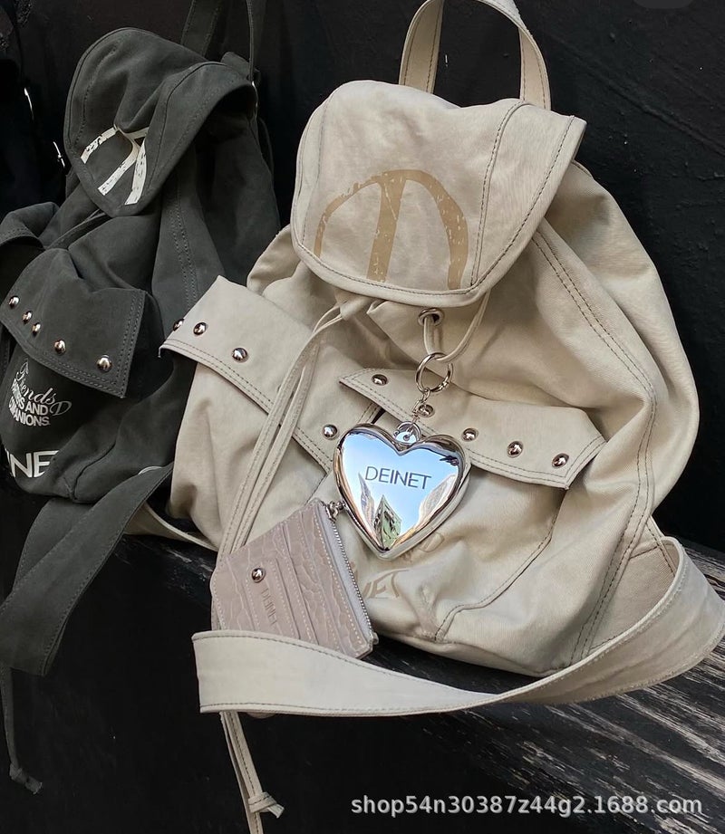 South Korea Niche Deinet Backpack D Letter Large Drawstring Pocket Studded Canvas Backpack Women - Image 1