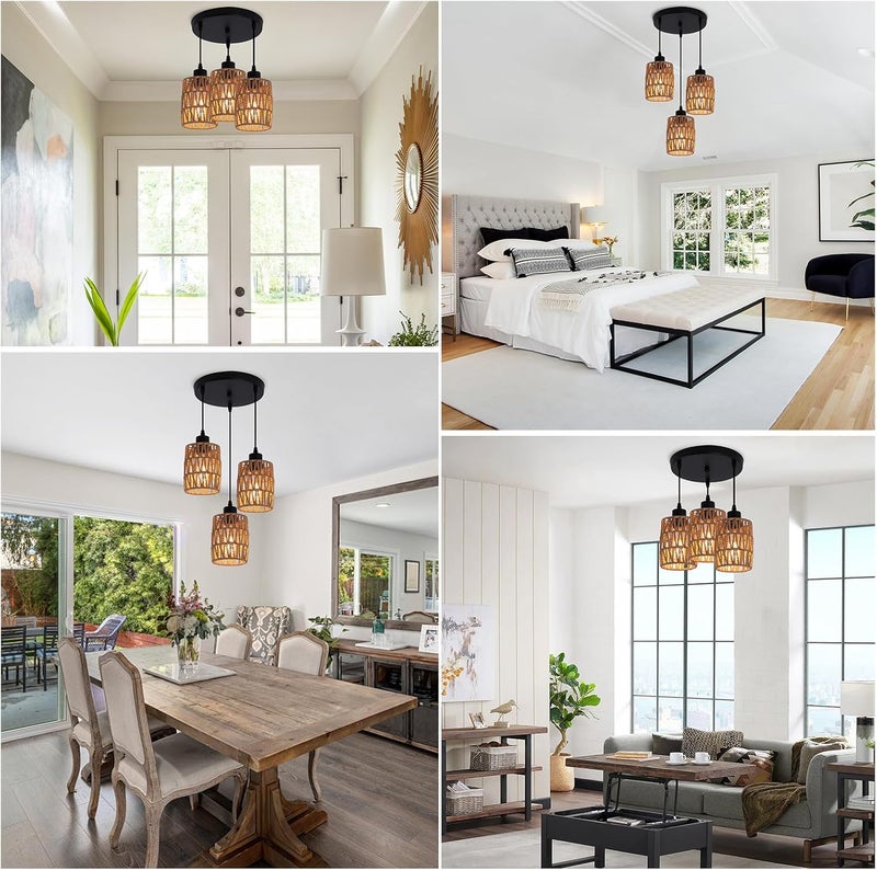 Garwarm 3-Light Rattan Pendant Light Fixtures, Industrial brown Hanging Lighting, Adjustable Woven Wicker Chandelier, Farmhouse Basket Ceiling Lamp for Kitchen Island Dining Room Bedroom Foyer Hallway - Image 5