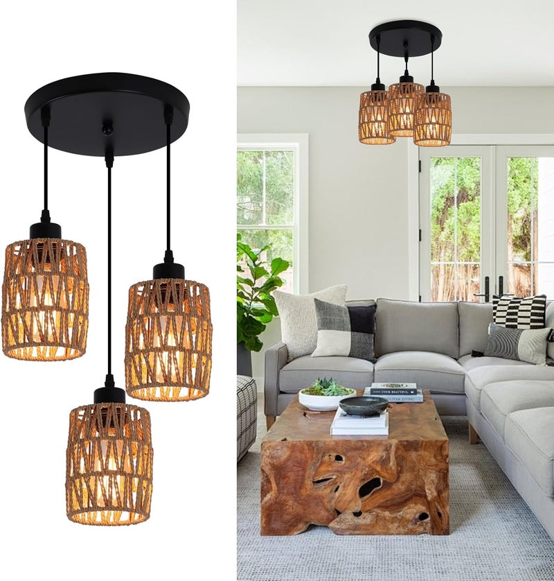 Garwarm 3-Light Rattan Pendant Light Fixtures, Industrial brown Hanging Lighting, Adjustable Woven Wicker Chandelier, Farmhouse Basket Ceiling Lamp for Kitchen Island Dining Room Bedroom Foyer Hallway - Image 1