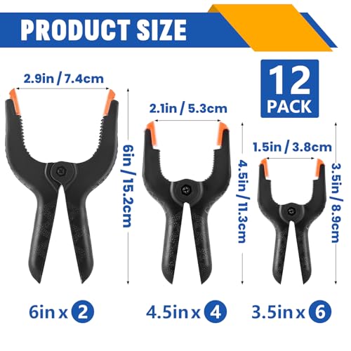 NUITPY 12 Pack Plastic Spring Clamps Set, 3 Sizes of Spring Clips 3.5 Inch, 4.5 Inch, 6 Inch Set, Black Heavy Duty Clips, Backdrop Clips, Woodworking Clamps, Plastic Clamps for Woodworking,Photography - Image 2