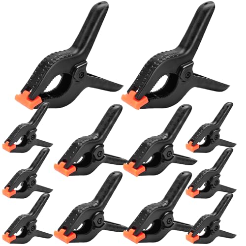 NUITPY 12 Pack Plastic Spring Clamps Set, 3 Sizes of Spring Clips 3.5 Inch, 4.5 Inch, 6 Inch Set, Black Heavy Duty Clips, Backdrop Clips, Woodworking Clamps, Plastic Clamps for Woodworking,Photography - Image 1