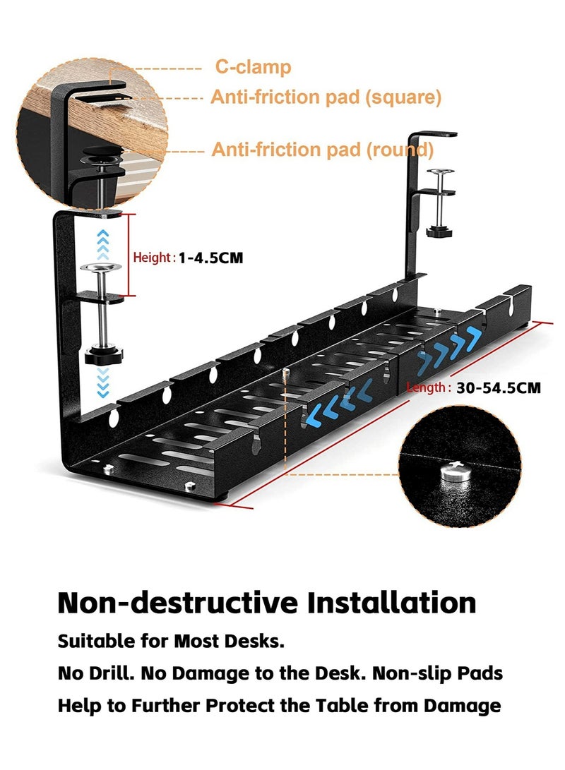 Teuuea Adjustable Under Desk Cable Management, Computer Cable Cord Wire Organizer Tray with Clamp Mount, No Drill No Damage Sturdy Metal Retractable Holder Basket for Home Office (Black) - Image 3