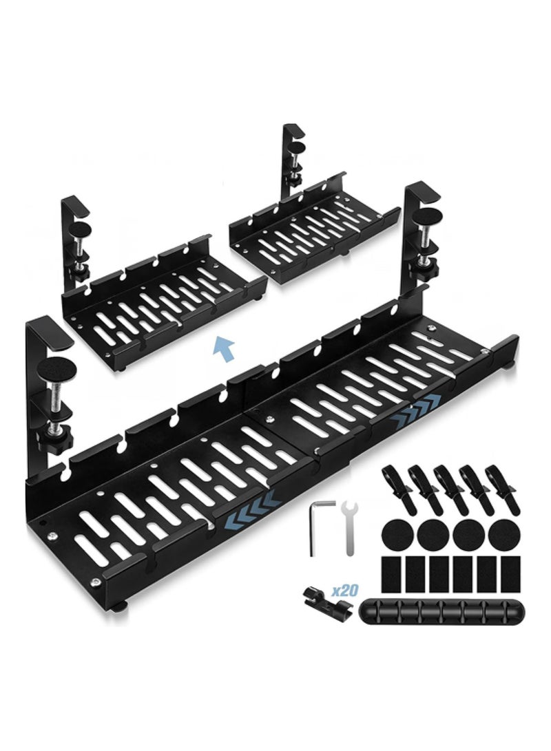Teuuea Adjustable Under Desk Cable Management, Computer Cable Cord Wire Organizer Tray with Clamp Mount, No Drill No Damage Sturdy Metal Retractable Holder Basket for Home Office (Black) - Image 1