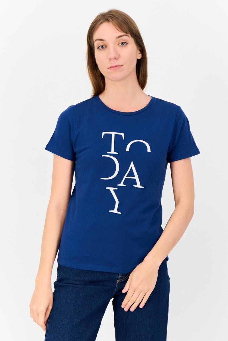 ONLY Women Round Neck Short Sleeves Embroidered T-shirt, Blue  - Image 1