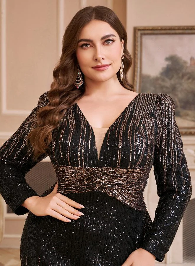Supgir  Plus Size Black Sequin V Neck Maxi Dress for Women | Best Price UAE