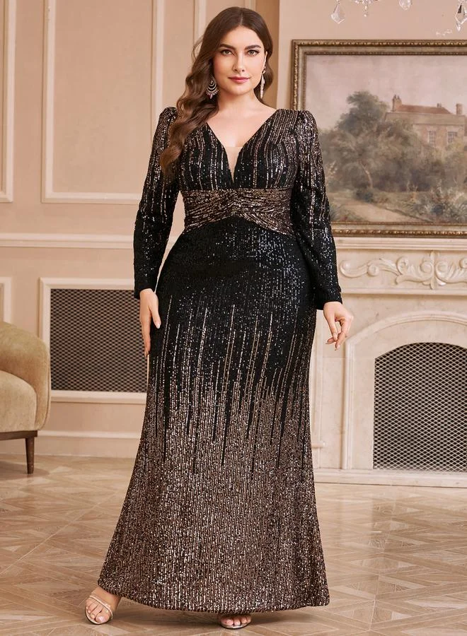 Supgir  Plus Size Black Sequin V Neck Maxi Dress for Women | Best Price UAE