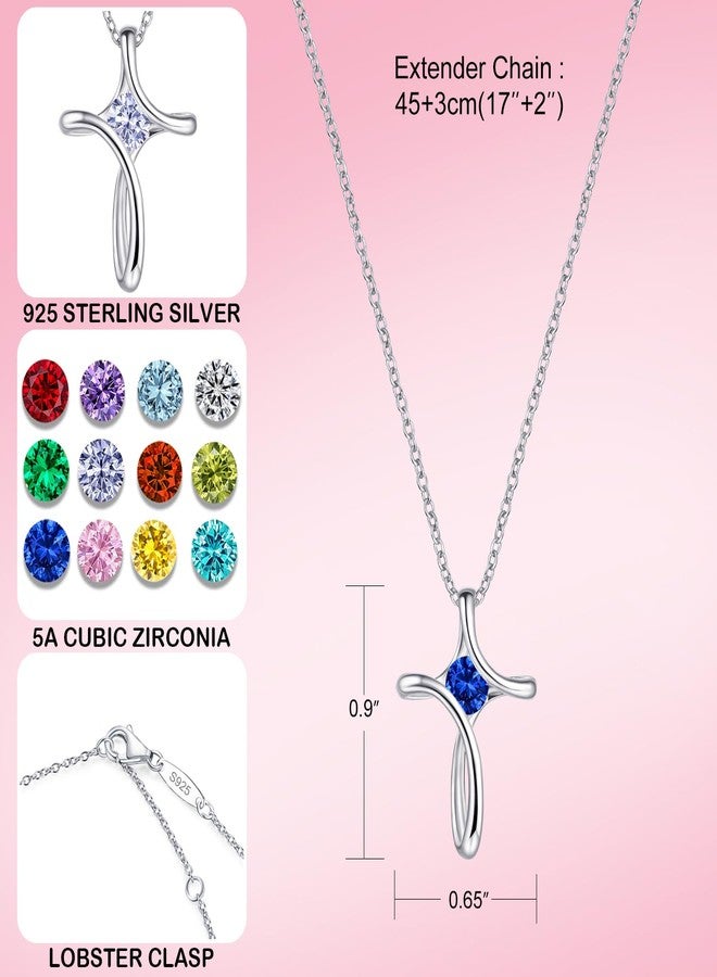 NINAMAID Cross Necklace for Women, 925 Sterling Silver Birthstone Necklace for Women with Diamond Sideways Cross Necklace Birthstone Jewelry Birthday Gifts for Women - Image 4