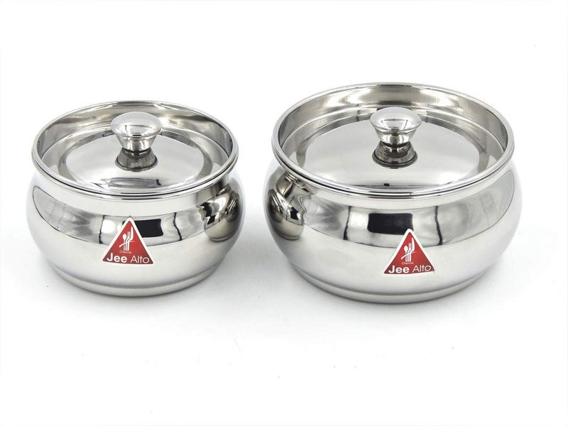 Jee Alto Stainless Steel Round Apple Multipurpose Container/Serving Dish/Storage Pot Small Set Of 2 Pcs(300Ml, 425 Ml) - Silver - Image 1