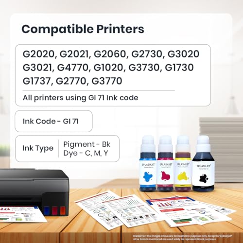 Splashjet GI71 Compatible Ink for CN Pixma G2020, G2021, G2060, G2730, G3020, G3021, G4770, G1020, G1730, G3730, G1730, G1737, G2770, G3770 Printers - (PGBK x 135gm) (C/M/Y x 70gm) Bottle Set - 502368 - Image 3