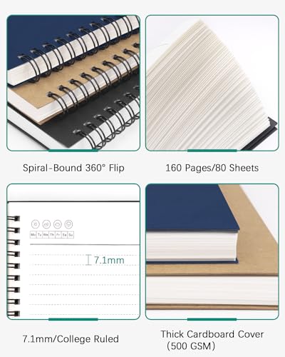 Dynta 3Packs Large Spiral Notebooks 8.5 "x 11" Lined College Ruled Journals for Work, School, Good for Students and Office, 160 Pages/80 Sheets with 100 GSM Lined Paper(3 Colors) - Image 3