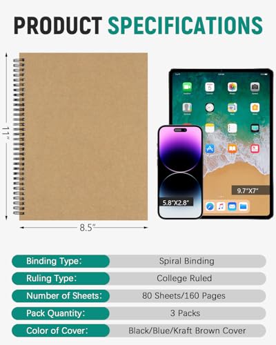 Dynta 3Packs Large Spiral Notebooks 8.5 "x 11" Lined College Ruled Journals for Work, School, Good for Students and Office, 160 Pages/80 Sheets with 100 GSM Lined Paper(3 Colors) - Image 2