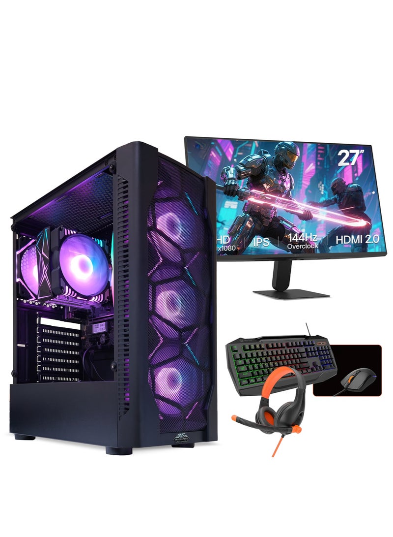 عرب جيمرز مجموعة ألعاب كمبيوتر كاملة - معالج Intel Core i5-12400F، بطاقة رسوميات NVIDIA RTX 5060 8GB، ذاكرة وصول عشوائي 16GB، قرص NVMe SSD سعة 1TB، شاشة FHD 144Hz بحجم 27 بوصة، إضاءة RGB، نظام تشغيل Windows 11 Pro - أسود - Image 1