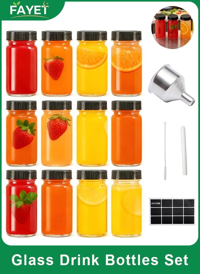FAYET 12-Pack Glass Drink Bottles with Airtight Lids, Wide Mouth Reusable Juice Bottles Set for Milk, Kombucha, Coffee and Oils, Includes Labels, White Pen, Bottle Brush and Stainless Steel Mini Funnel - Image 1