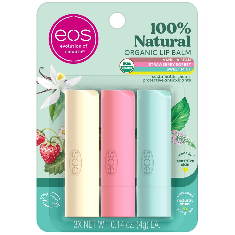 eos 100% Natural & Organic Lip Balm Trio- Vanilla Bean, Sweet Mint, & Strawberry Sorbet, Made for Sensitive Skin, Lip Care Products, 0.14 oz, 3-Pack - Image 1