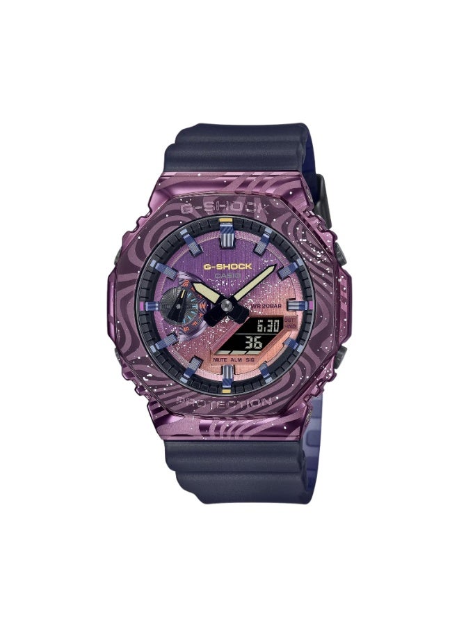 كاسيو ساعة كاسيو جي-شوك GM-2100MWG-1ADR للرجال أنالوج/ديجيتال، إطار ثماني معدني مطلي أيونياً بالبنفسجي بنقشة مجرّة، مقاومة ماء 200 متر، سوار ريزن كحلي شبه شفاف - Image 1