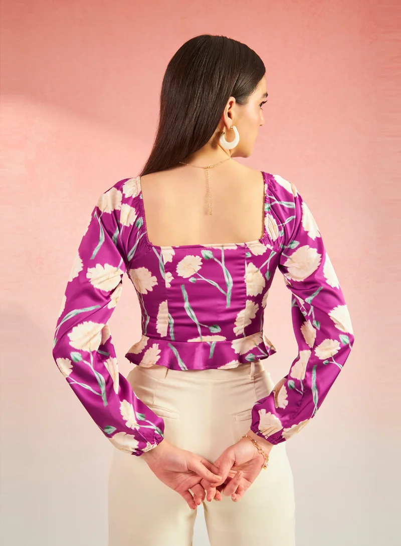 Virgio VIRGIO Satin Floral Bustier Flared Hem Top