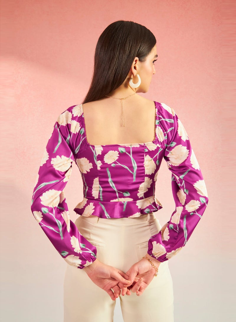 Virgio VIRGIO Satin Floral Bustier Flared Hem Top  - Image 5