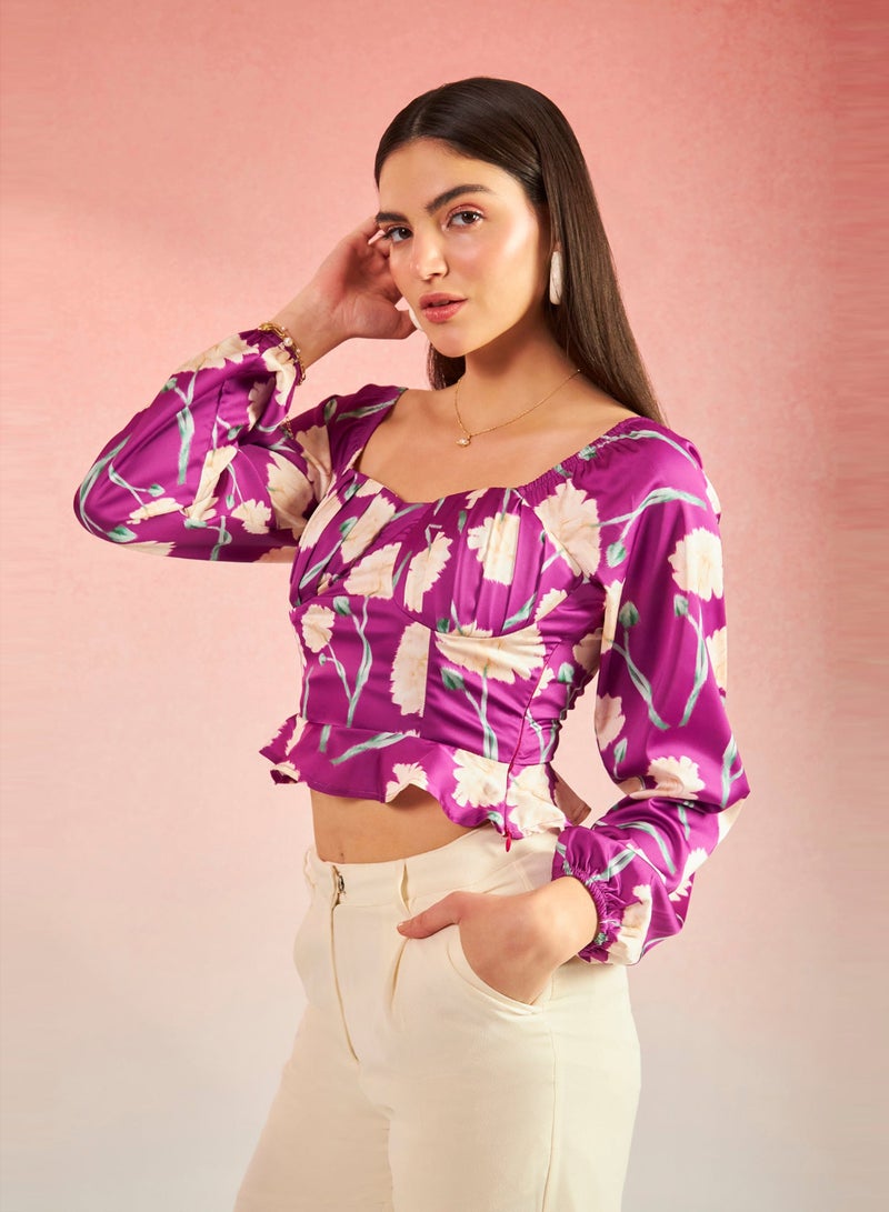 Virgio VIRGIO Satin Floral Bustier Flared Hem Top  - Image 4