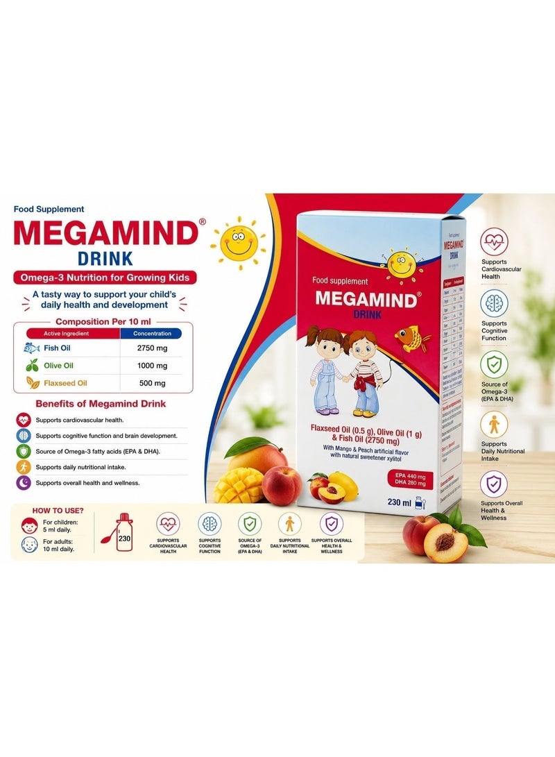 Sulinda Megamind Omega-3 Fish Oil Syrup 2750 mg for Kids & Adults | Brain, Focus & Heart Support with Olive & Flaxseed Oils | Mango & Peach | 230 ml - Image 5