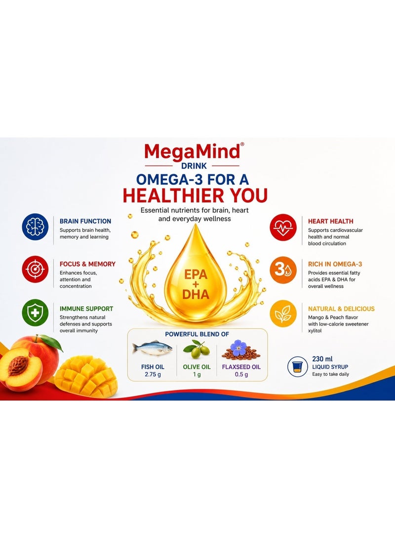 Sulinda Megamind Omega-3 Fish Oil Syrup 2750 mg for Kids & Adults | Brain, Focus & Heart Support with Olive & Flaxseed Oils | Mango & Peach | 230 ml - Image 3