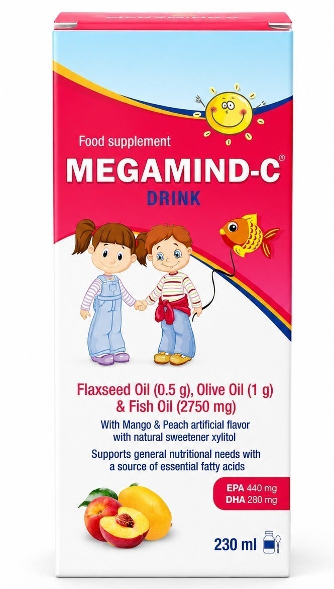 Sulinda Megamind Omega-3 Fish Oil Syrup 2750 mg for Kids & Adults | Brain, Focus & Heart Support with Olive & Flaxseed Oils | Mango & Peach | 230 ml - Image 1