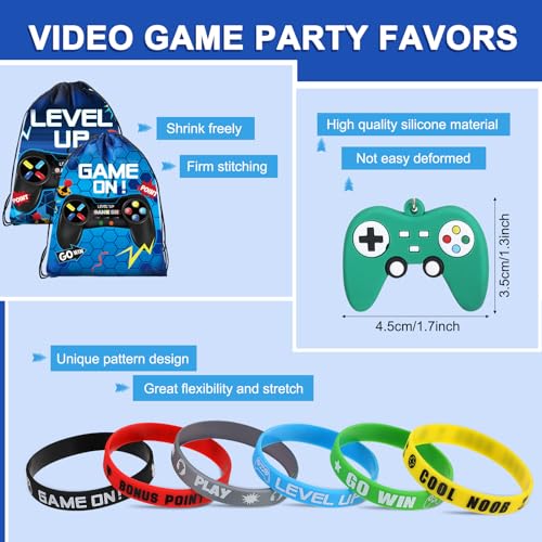 Nosiny 72 Pcs Video Game Party Favors Video Gamer Party Drawstring Bags Gaming Goodie Bag Silicone Bracelet Wristbands Keychain Classroom Rewards for Kids Birthday Bag Stuffers(Blue,Fresh) - Image 3