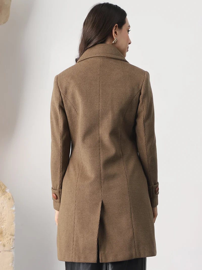 globus Globus Women Beige Notched Lapel Long Sleeves Striped Self Design 2 Pockets Hip Length Winterwear Overcoat