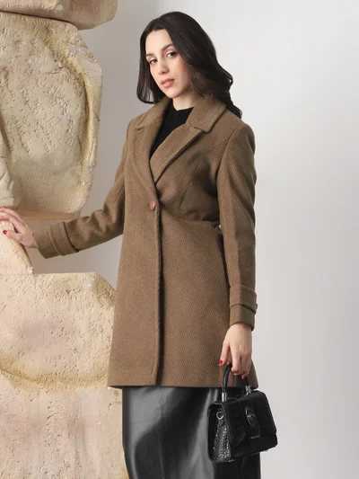 globus Globus Women Beige Notched Lapel Long Sleeves Striped Self Design 2 Pockets Hip Length Winterwear Overcoat
