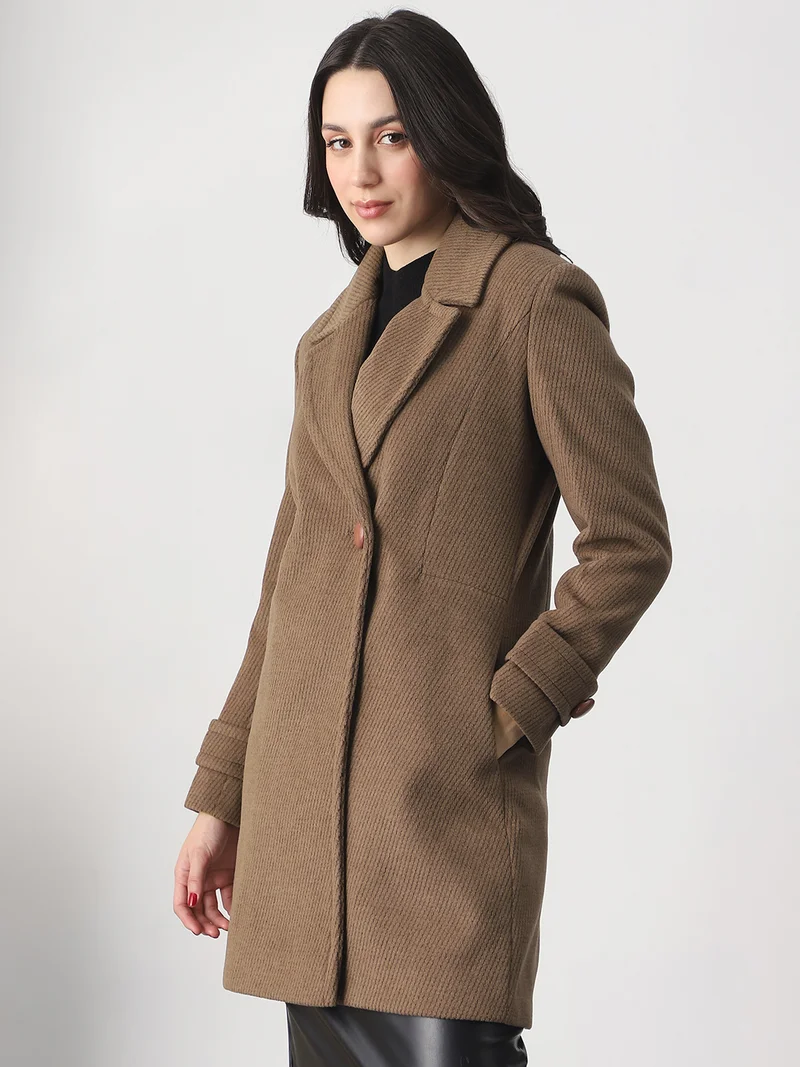 globus Globus Women Beige Notched Lapel Long Sleeves Striped Self Design 2 Pockets Hip Length Winterwear Overcoat