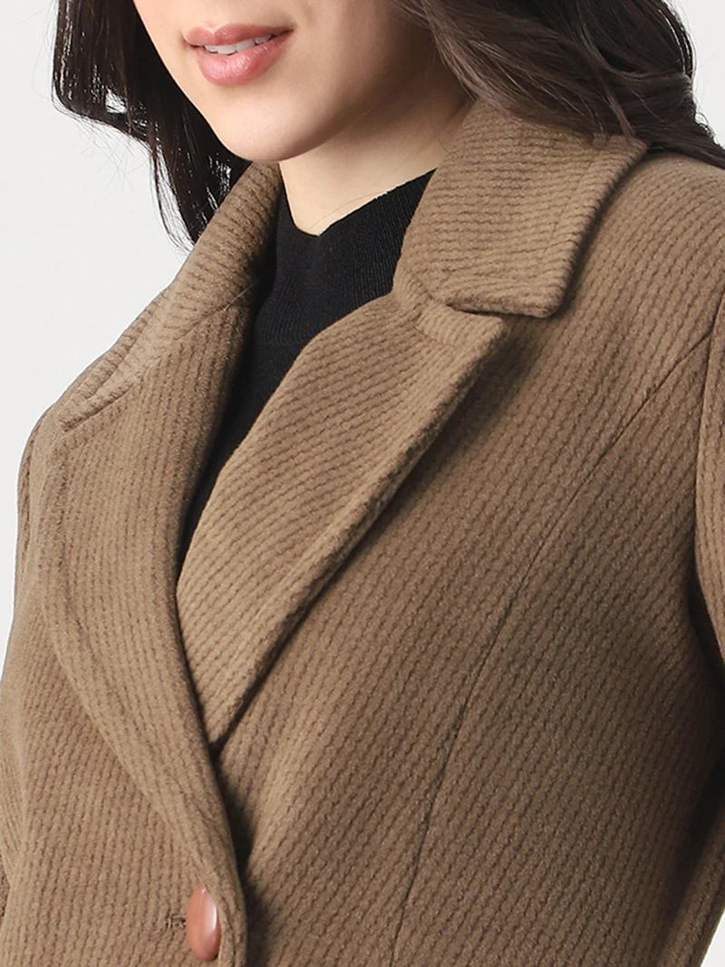 globus Globus Women Beige Notched Lapel Long Sleeves Striped Self Design 2 Pockets Hip Length Winterwear Overcoat