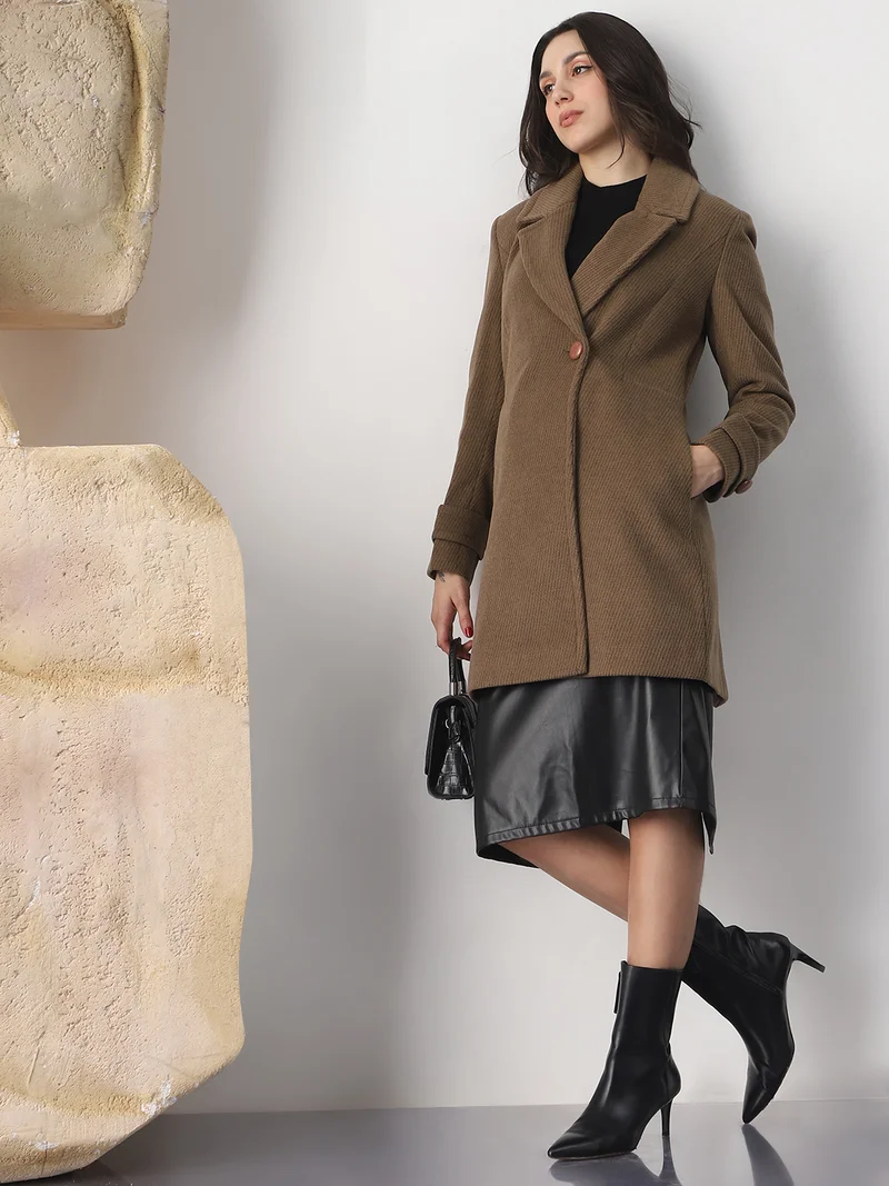 globus Globus Women Beige Notched Lapel Long Sleeves Striped Self Design 2 Pockets Hip Length Winterwear Overcoat