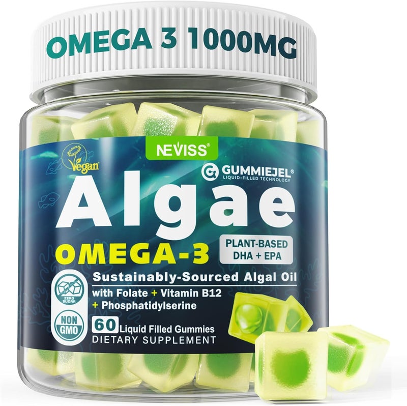 NEVISS Algae Omega 3 Gummies 1000mg Plant Based DHA 460mg  EPA 230mg Omega 3 Fish Oil Alternative for Adults Plus MethylFolate Vitamin B12 Phosphatidylserine No Fishy Taste Vegan Sugar Free 60 Cts - Image 1