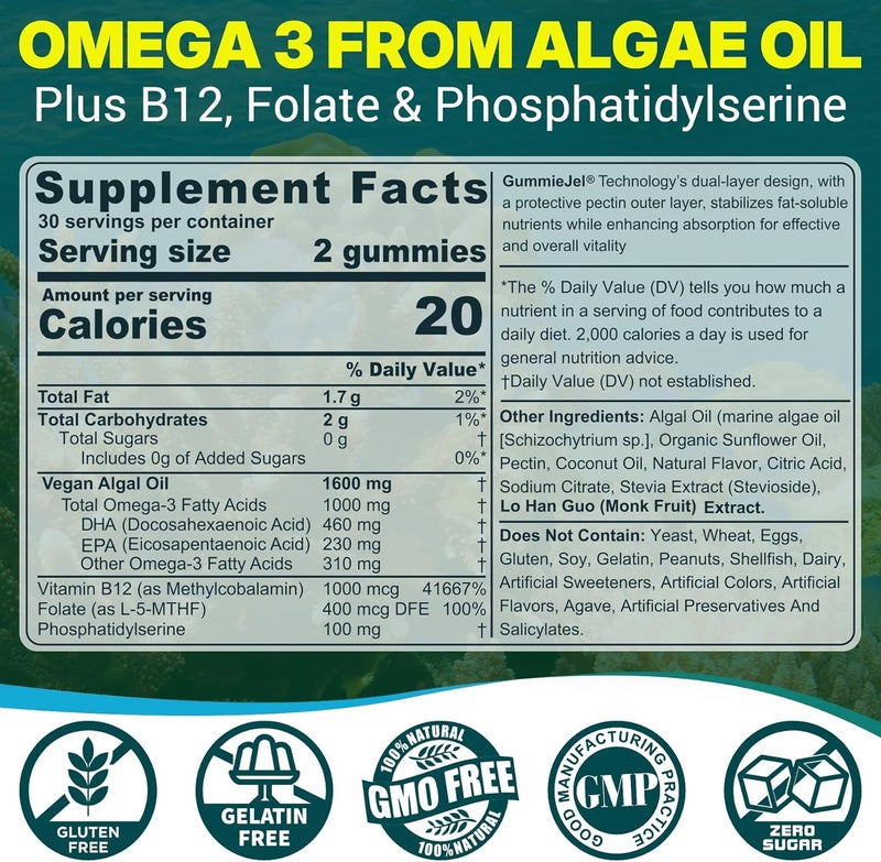 NEVISS Algae Omega 3 Gummies 1000mg Plant Based DHA 460mg  EPA 230mg Omega 3 Fish Oil Alternative for Adults Plus MethylFolate Vitamin B12 Phosphatidylserine No Fishy Taste Vegan Sugar Free 60 Cts - Image 2